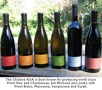 The Chalone AVA is known for producing world class Pinot Noir and Chardonnay, but Michaud also works with Pinot blanc, Marsanne, Sangiovese and Syrah.