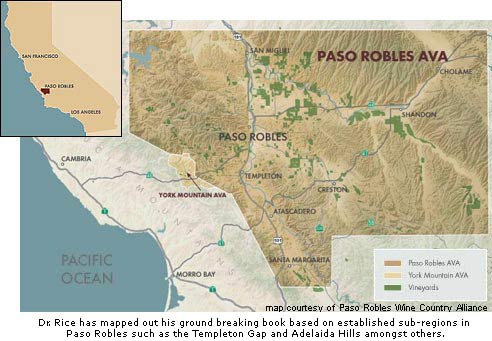 Dr. Rice has mapped out his ground breaking book based on established sub-regions in Paso Robles such as the Templeton Gap and Adelaida Hills amongst others.