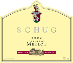 Wine Recommendation: Schug Carneros Estate Winery 2002 Merlot Heritage Reserve  (Carneros ~ Los Carneros)