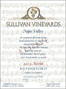 Wine: Sullivan Vineyards 2003 Reserve Merlot, Estate (Rutherford)